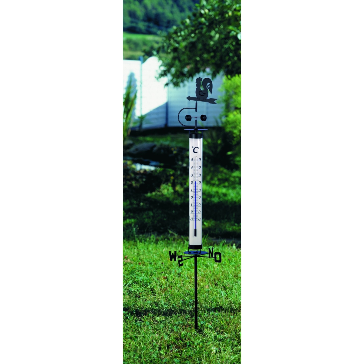 TFA Gartenthermometer 138cm, analoges Thermometer mit Wetterhahn und Windrad, 12.2035