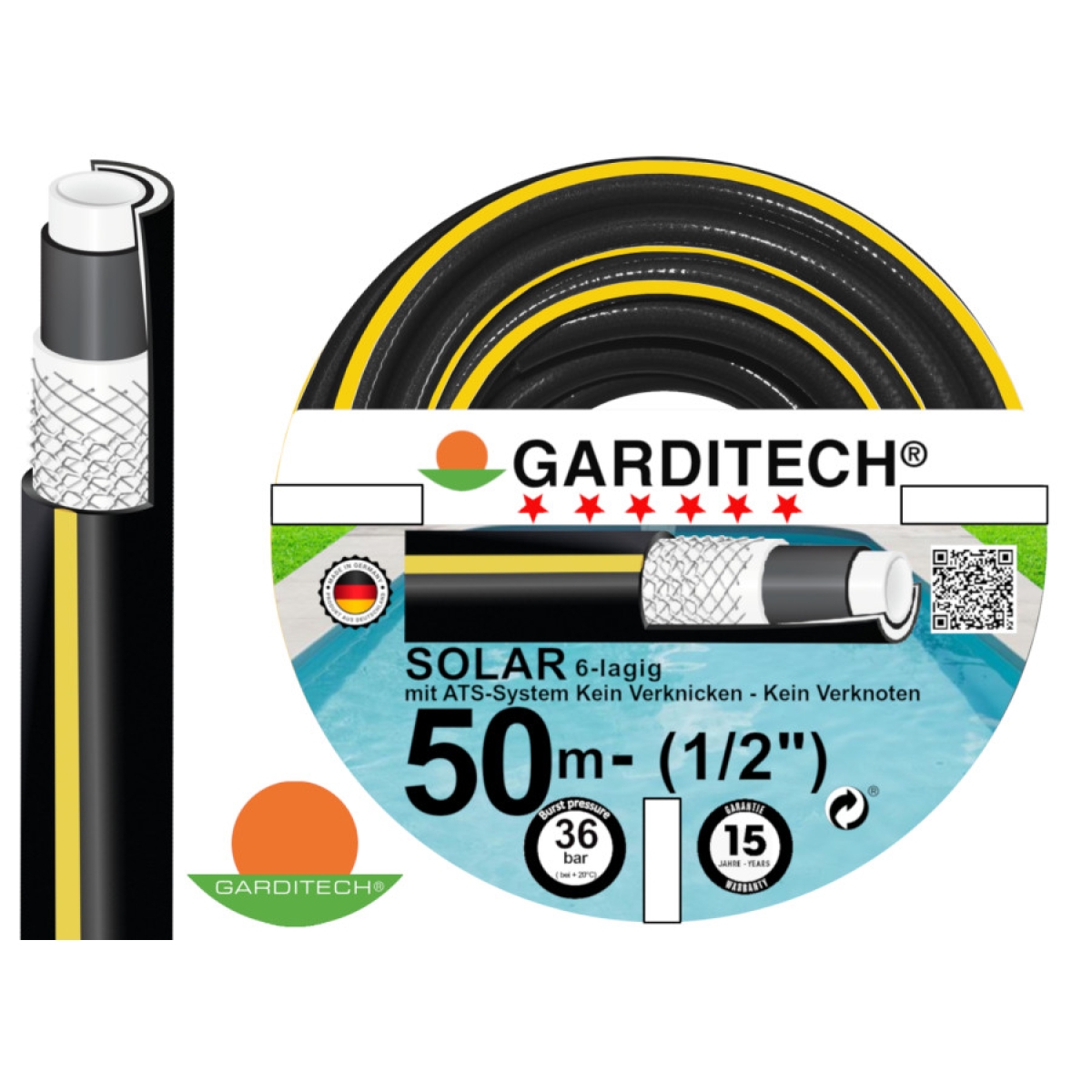 GARDITECH SOLAR-Wasserschlauch mit Anti-Torsion-System, 6-lagig, 1/2 Zoll, Gartenschlauch, Poolschl