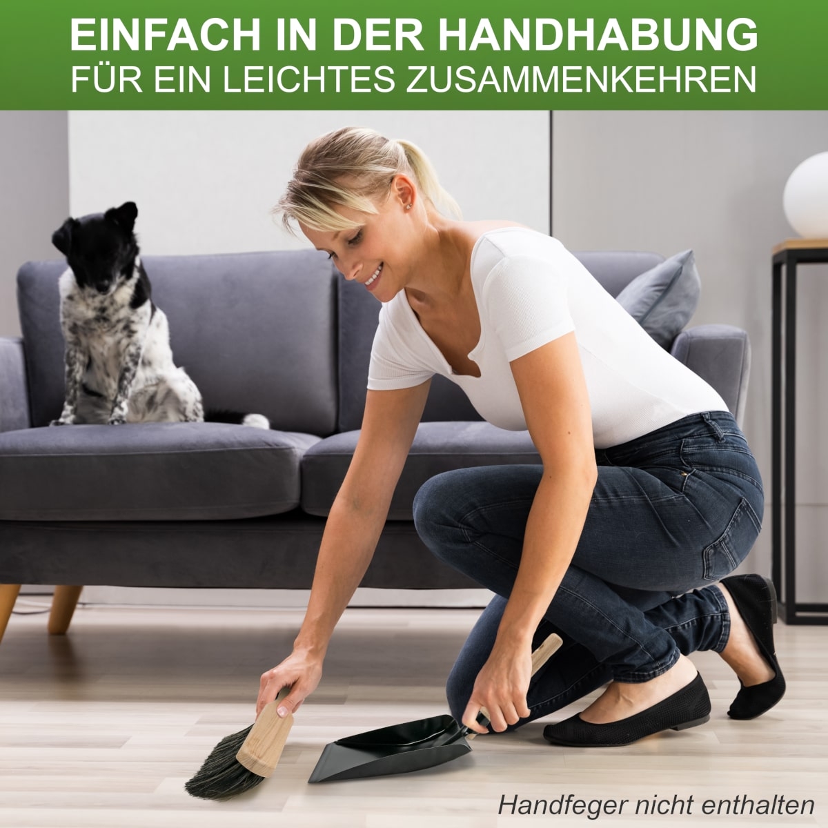 Kehrschaufel aus Metall, schwarz lackiert, Kehrblech mit Holzgriff