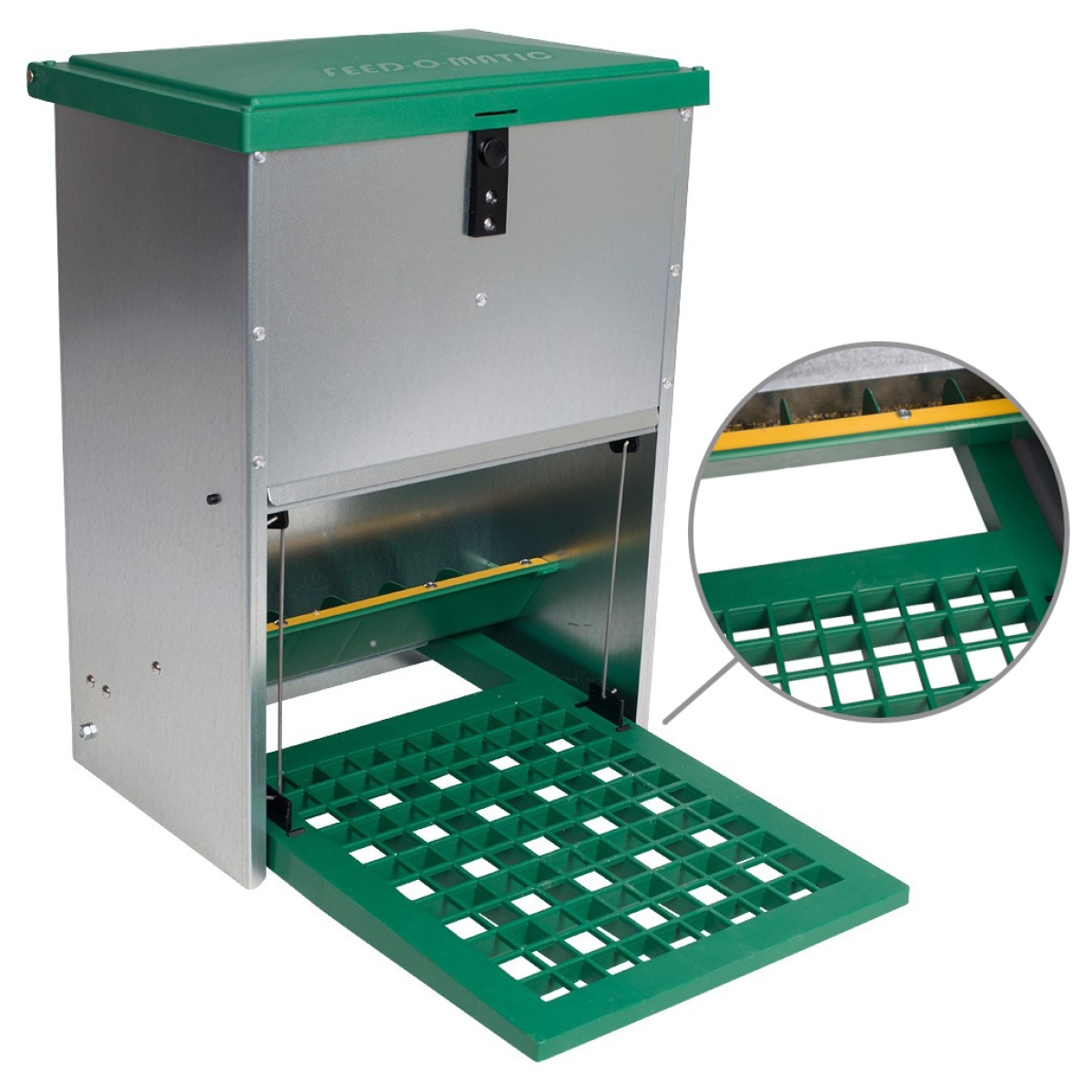 Feedomatic Geflügelfutterautomat 12kg, verzinkt, Hühner-Futterautomat mit Trittplatte