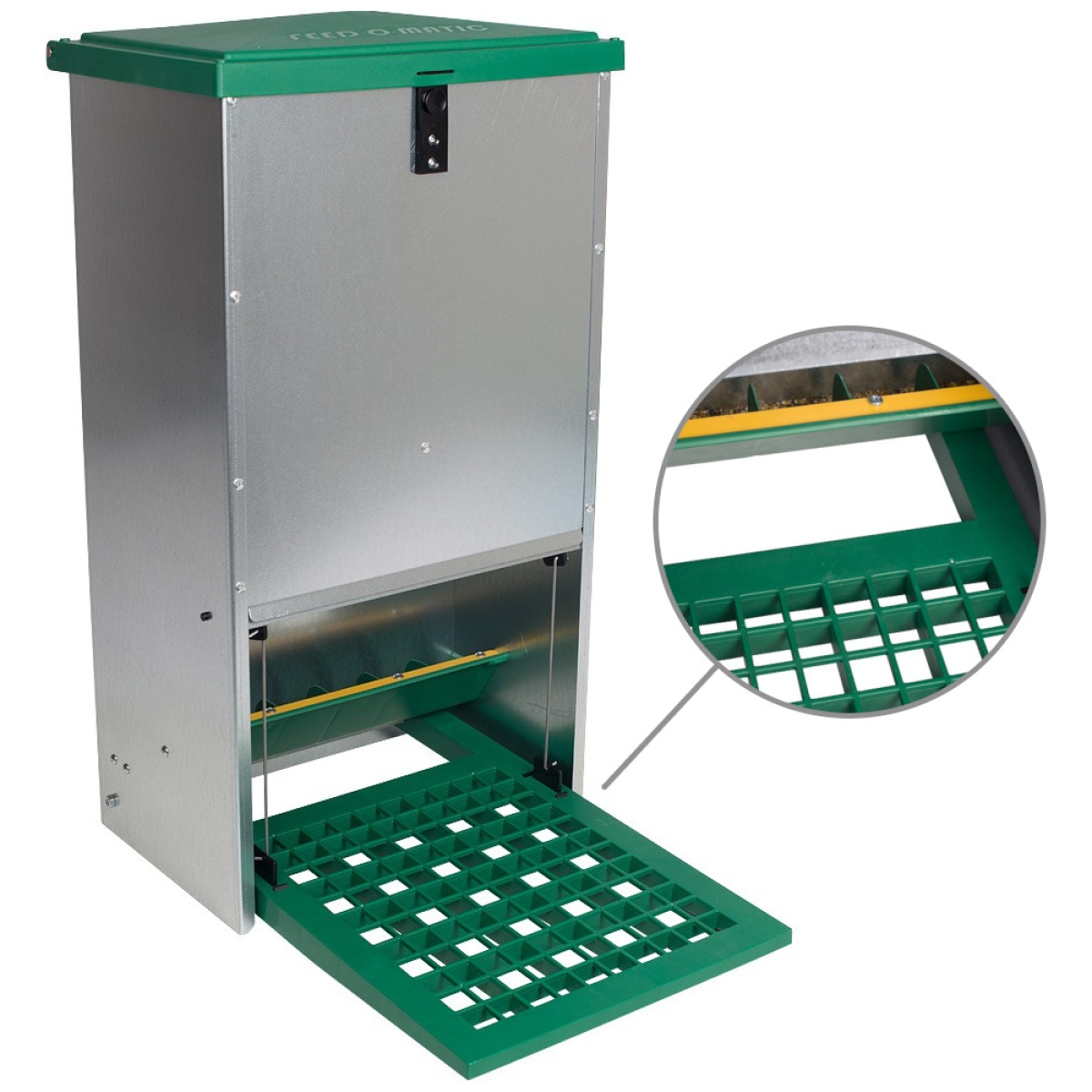 Feedomatic Geflügelfutterautomat 20kg, verzinkt, Hühner-Futterautomat mit Trittplatte