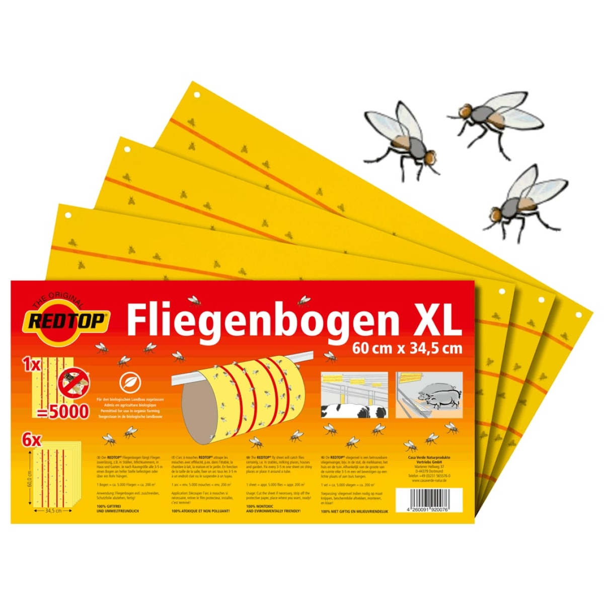 RedTop Fliegenbogen 60x34cm - Stall Fliegenfänger Klebefolie - 6 Stück