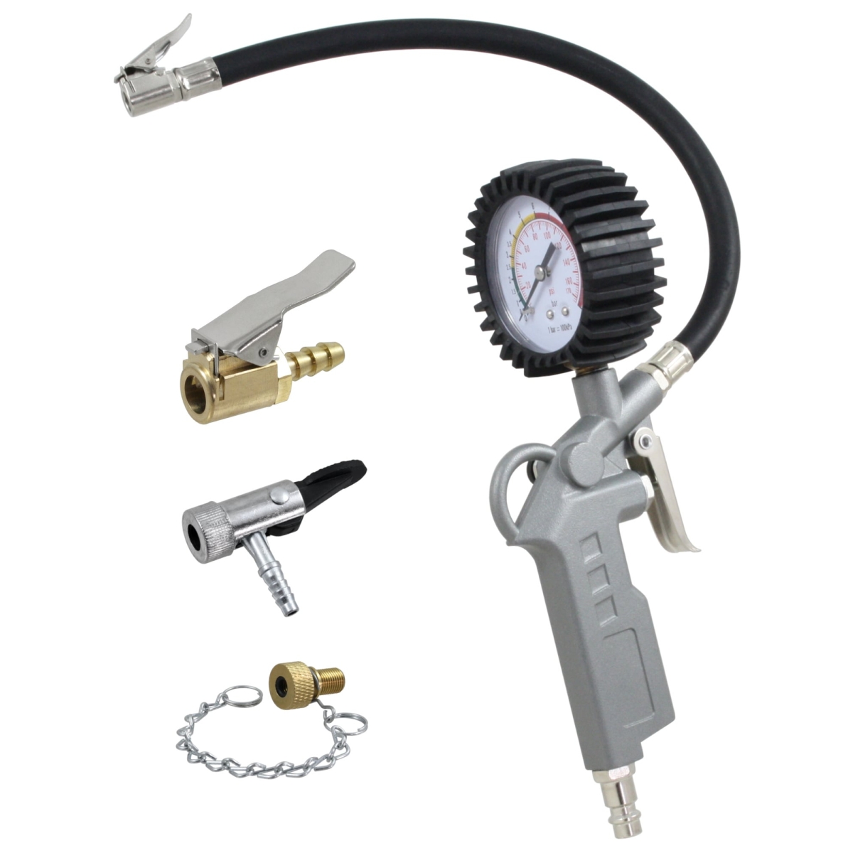Reifenfüllmesser mit Pistolengriff, Manometer und 35cm Schlauch +3er Adapter-Set Ventilstecker