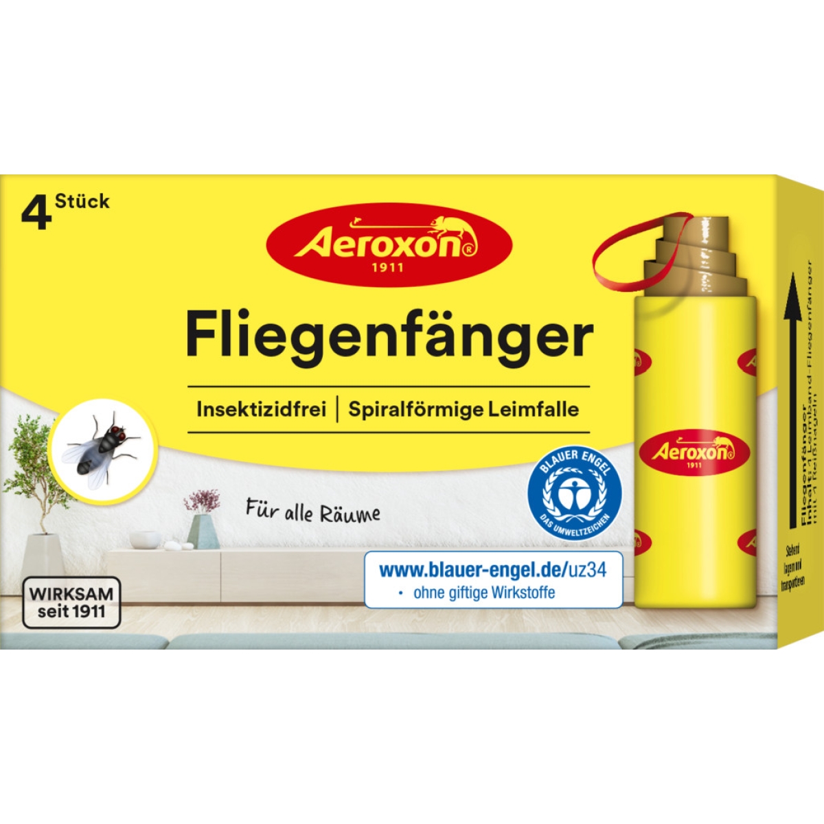Aeroxon Fliegenfänger Spiralform, klassische Fliegenfalle, Leimfalle - 4 Stück