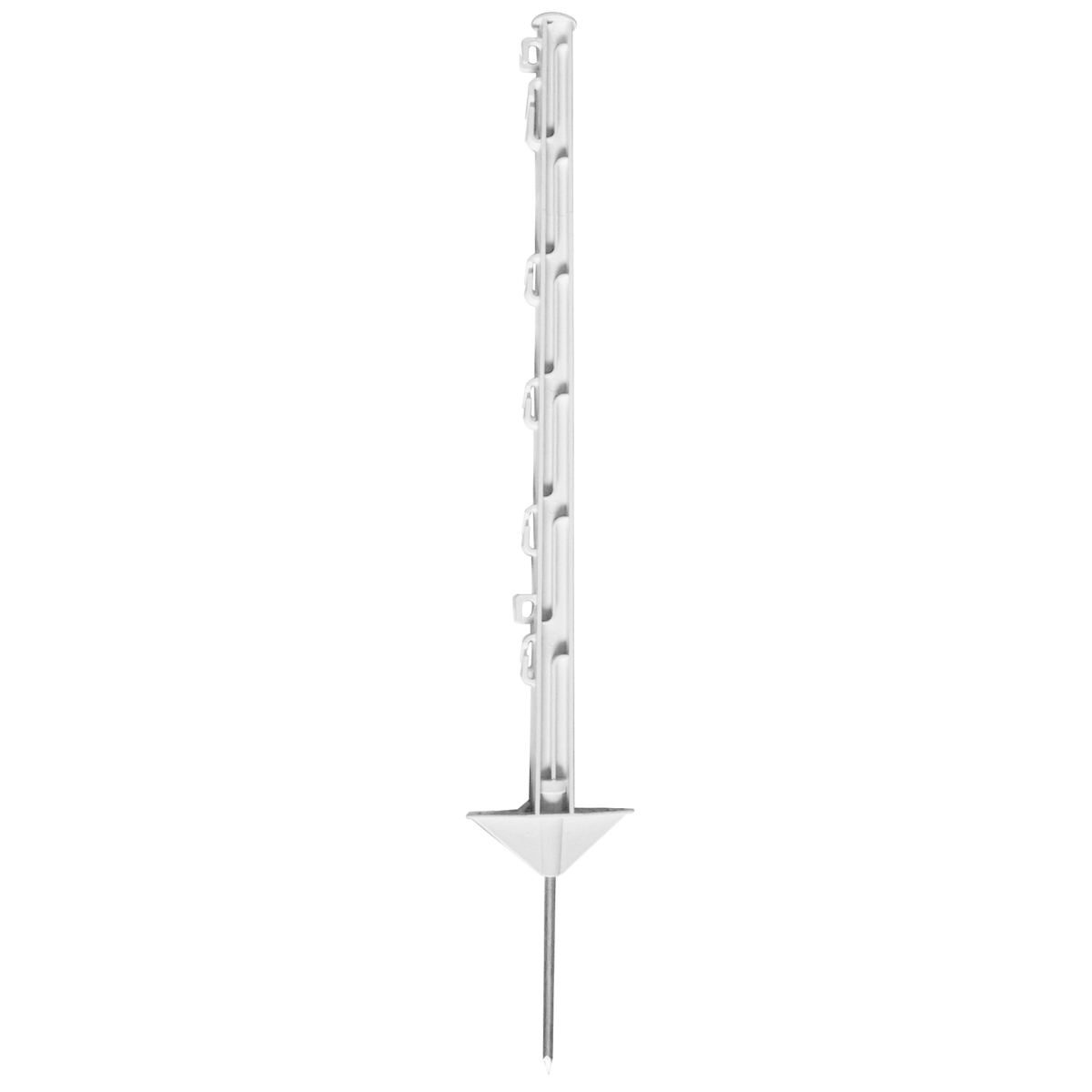Kunststoffpfahl 75cm, 1 Spitze, weiß, 7 Ösen, glasfaserverstärkter Weidezaunpfahl mit Doppeltritt