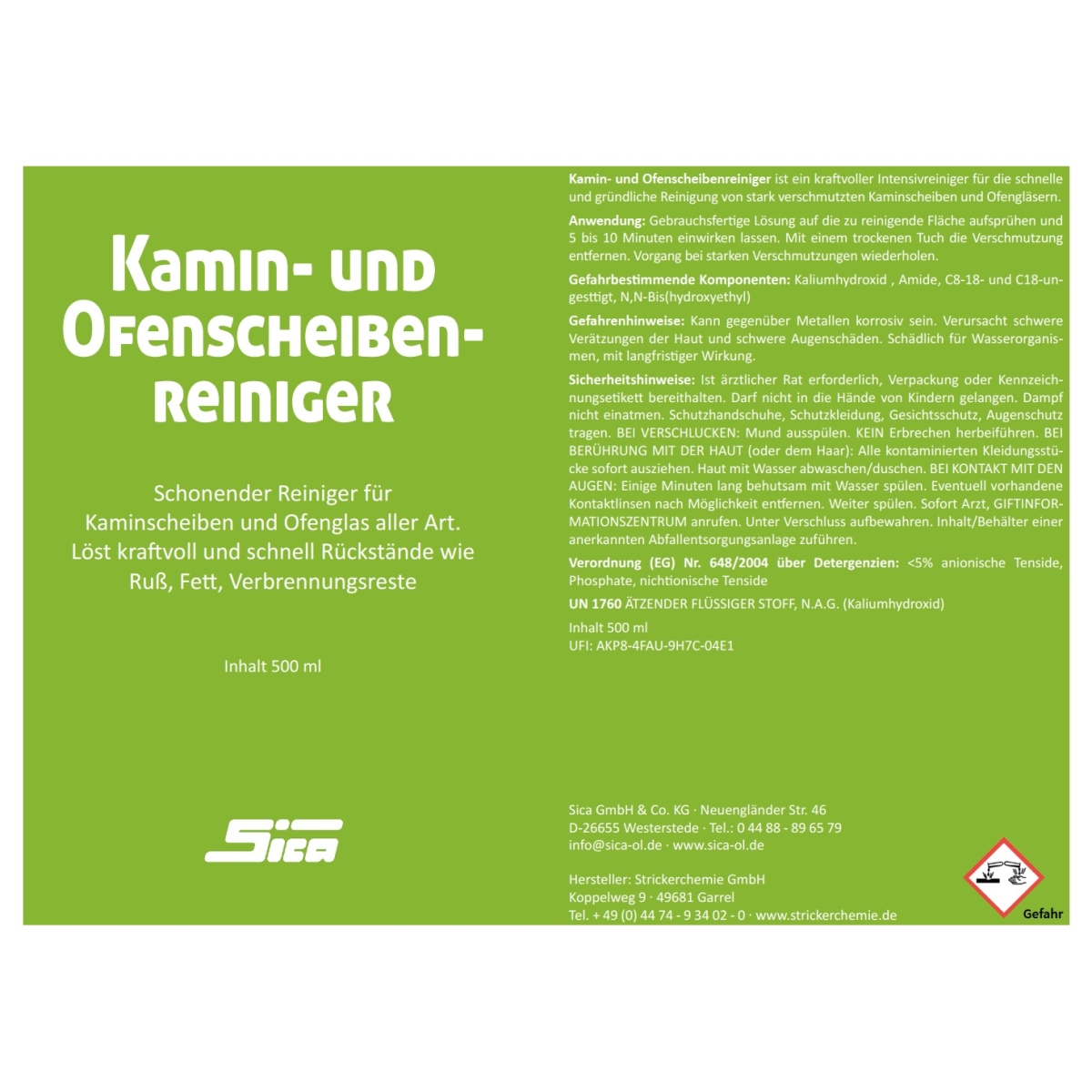 SICA Kamin- und Ofenscheibenreinger 500ml, Pumpspray, für Kaminscheiben und Ofenglas
