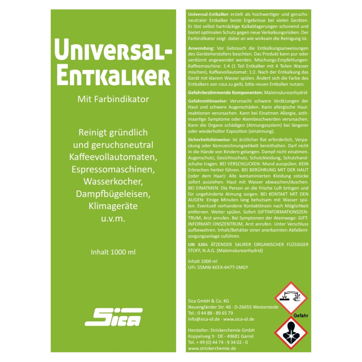 SICA Universal-Entkalker mit Farbindikator, 1 Liter, für Kaffeeautomaten, Wasserkocher, Klimageräte