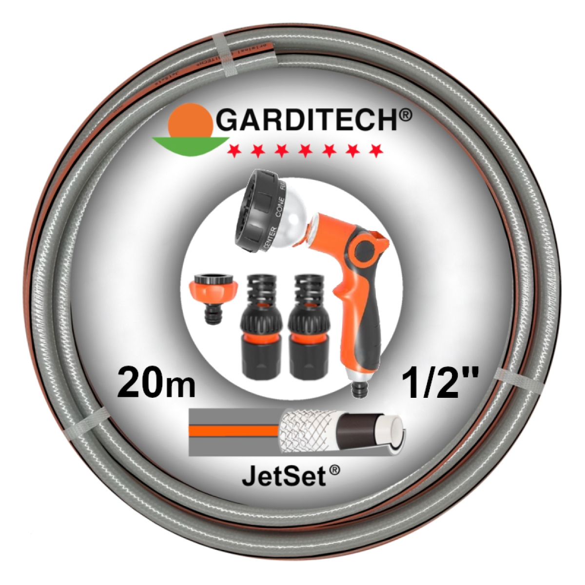 Garditech JetSet Garnitur: Premium Gartenschlauch 1/2 Zoll, 20m, 7-schichtig + Armaturen-Set