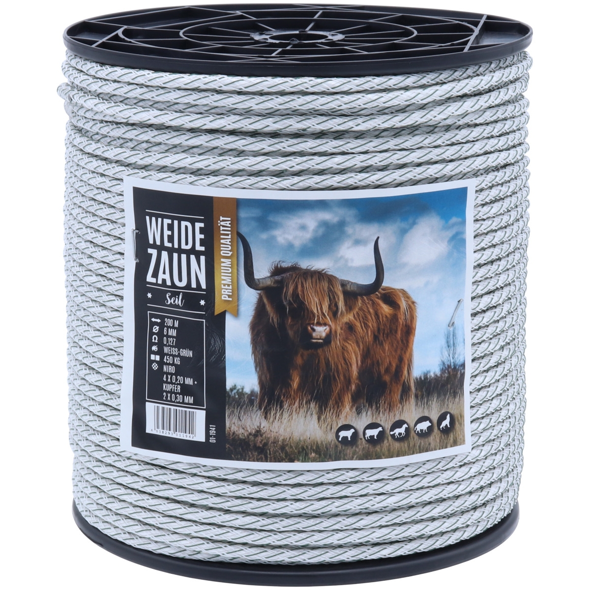 Weidezaunseil EXPERT 200m, 6mm, geflochten, 4 x 0,20 Niro + 2 x 0,30 Kupfer, weiß-grün