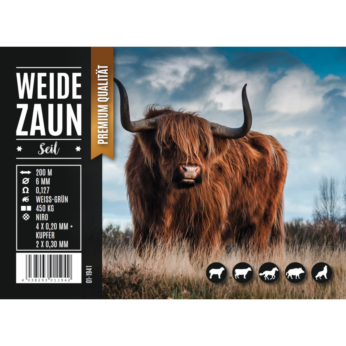 Weidezaunseil EXPERT 200m, 6mm, geflochten, 4 x 0,20 Niro + 2 x 0,30 Kupfer, weiß-grün