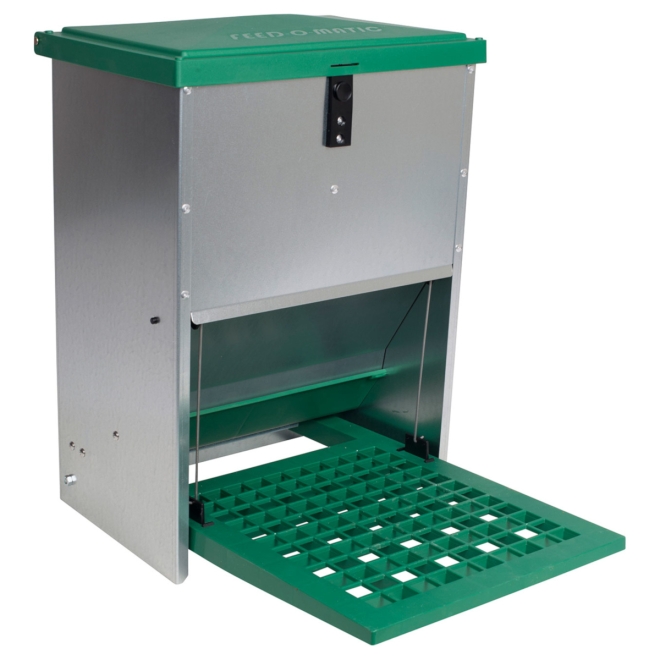 Feedomatic Geflügelfutterautomat 12kg, verzinkt, Hühner-Futterautomat mit Trittplatte