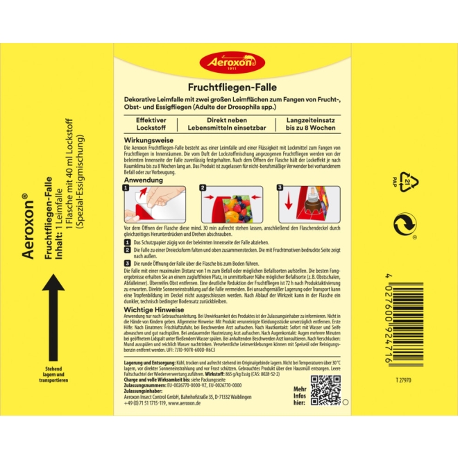 Aeroxon Fruchtfliegen Falle, dekorative Leimfalle +40ml Lockstoff