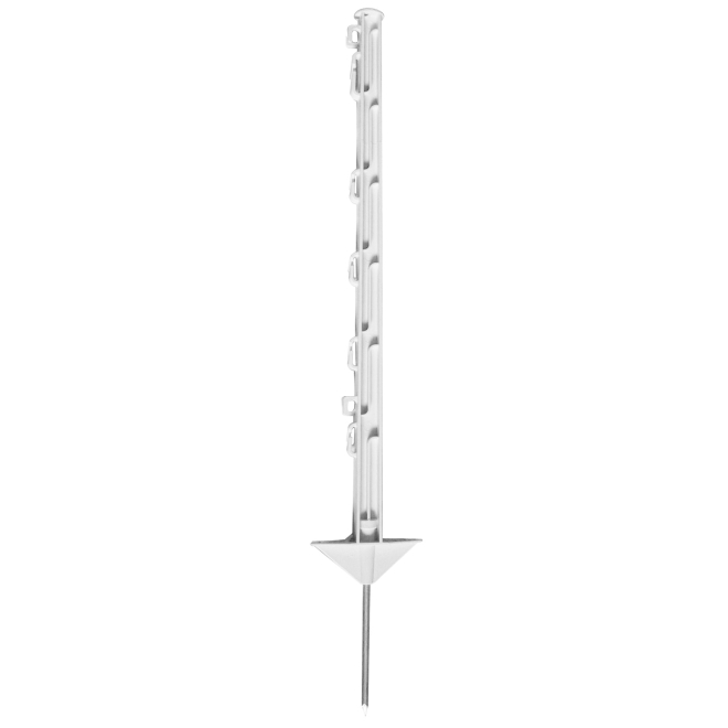 Kunststoffpfahl 75cm, 1 Spitze, weiß, 7 Ösen, glasfaserverstärkter Weidezaunpfahl mit Doppeltritt