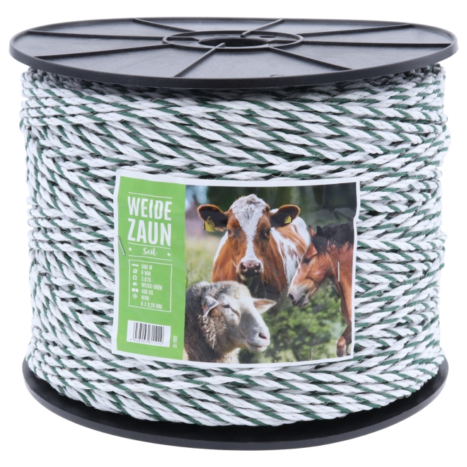 Weidezaunseil PROFI 500m, 6mm, 6 x 0,20 Niro, weiß-grün