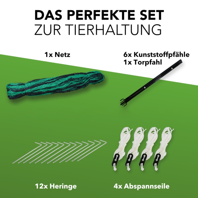 12m Geflügelzaun mit Zugangstor, 125cm, 6 Pfähle, 2 Spitzen, mobiler Hühnerzaun, Geflügelnetz