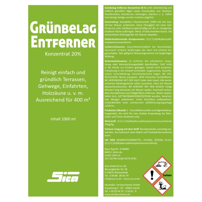 SICA Grünbelagentferner 1 Liter Vierkantflasche, Konzentrat 20%, Algenentferner, Moosentferner