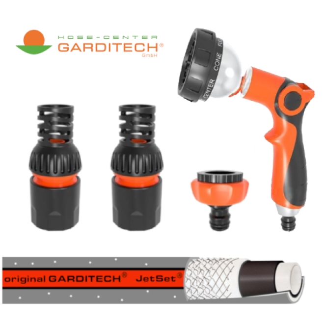 Garditech JetSet Garnitur: Premium Gartenschlauch 1/2 Zoll, 20m, 7-schichtig + Armaturen-Set