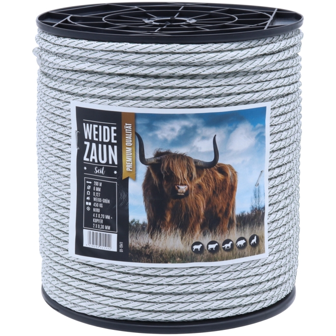 Weidezaunseil EXPERT 200m, 6mm, geflochten, 4 x 0,20 Niro + 2 x 0,30 Kupfer, weiß-grün