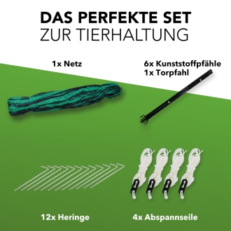 12m Geflügelzaun mit Zugangstor, 125cm, 6 Pfähle, 2 Spitzen, mobiler Hühnerzaun, Geflügelnetz