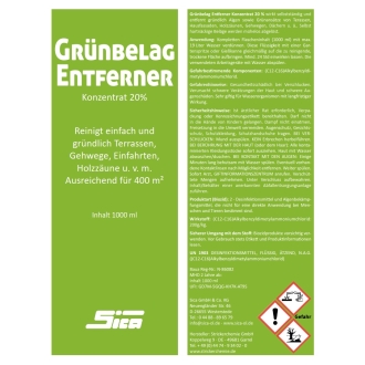SICA Grünbelagentferner 1 Liter Vierkantflasche, Konzentrat 20%, Algenentferner, Moosentferner