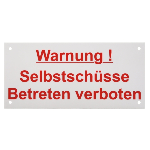 Warnschild: Warnung Selbstschüsse, weiß, 250x150mm, Hinweisschild für Wühlmausschussfallen