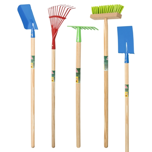 Kinder Gartengeräte Set 5-teilig - Schaufel, Spaten, Rechen, Besen & Fächerbesen