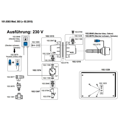 Suevia Einschraubheizkörper 3000W, 230V (Stecker schwarz) für Heizgerät Mod. 303 - 102.0878