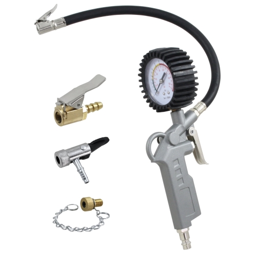 Reifenfüllmesser mit Pistolengriff, Manometer und 35cm Schlauch +3er Adapter-Set Ventilstecker