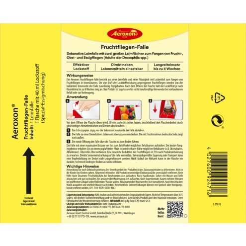 Aeroxon Fruchtfliegen Falle, dekorative Leimfalle +40ml Lockstoff