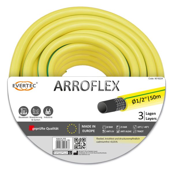 ARROFLEX Gartenschlauch 1/2 Zoll, 50m, 3-schichtig, Trikotgewebe, PVC Wasserschlauch