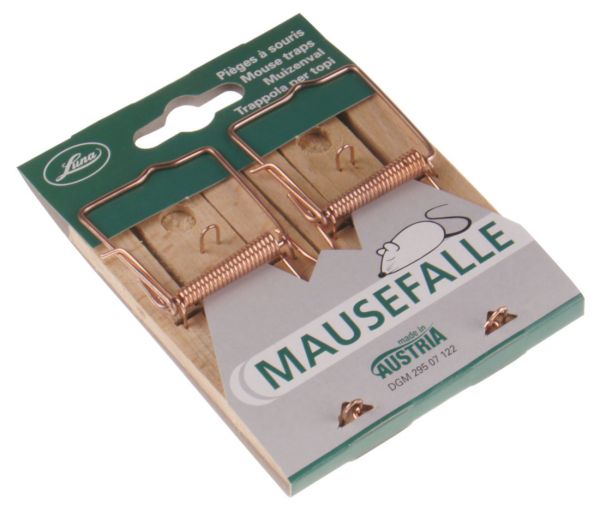 2x Luna Mausefalle aus Holz, klassische und bewährte Schlagfalle zur Mäuseabwehr