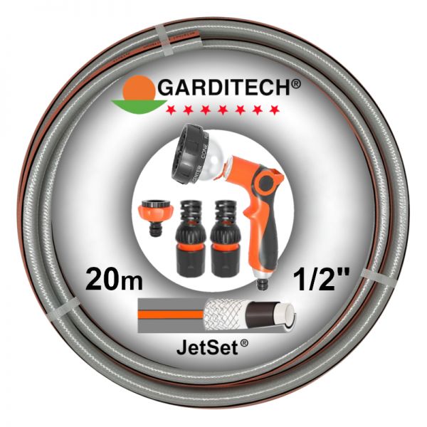 GARDITECH JetSet® Garnitur: Premium Gartenschlauch 1/2 Zoll, 20m, 7-schichtig + Armaturen-Set