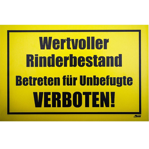 Verbotsschild: Wertvoller Rinderbestand.., gelb, 30x20 cm, Material Leichtschaum