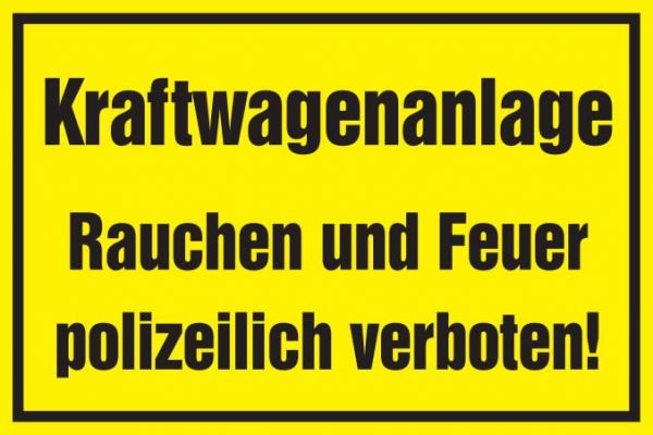 Verbotsschild: Kraftwagenanlage - Rauchen verboten, gelb, 250x150mm, Warnschild